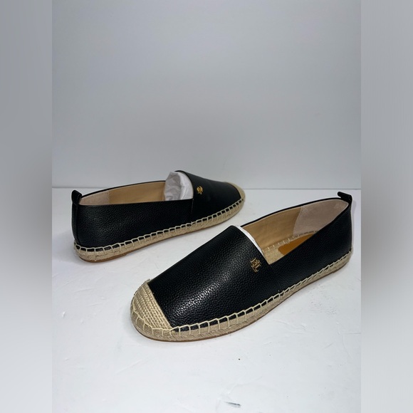 $125 Ralph Lauren Cameryn Espadrille Flat Shoes Tumbled Leather Black Size 8.5 - Picture 8 of 13